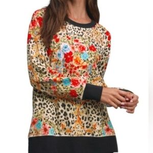 Johnny Was Leopard Floral Sweatshirt Small Oversized Cheetah Print Pullover